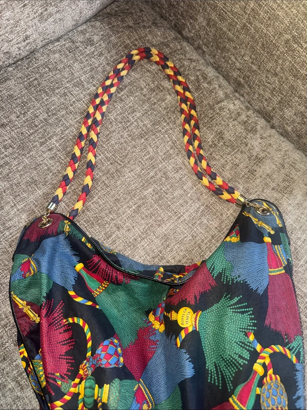 Vintage Bottega Veneta Black Hobo Bag with Multicolor Tassel Print
